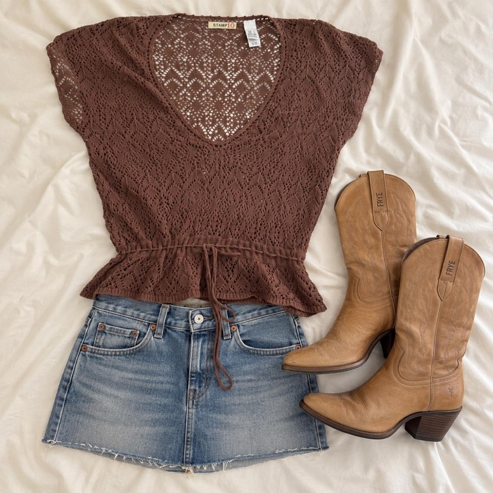 Brown fairy Crochet Tie Top  Y2K Stamp 10 brown open knit crochet V neck
